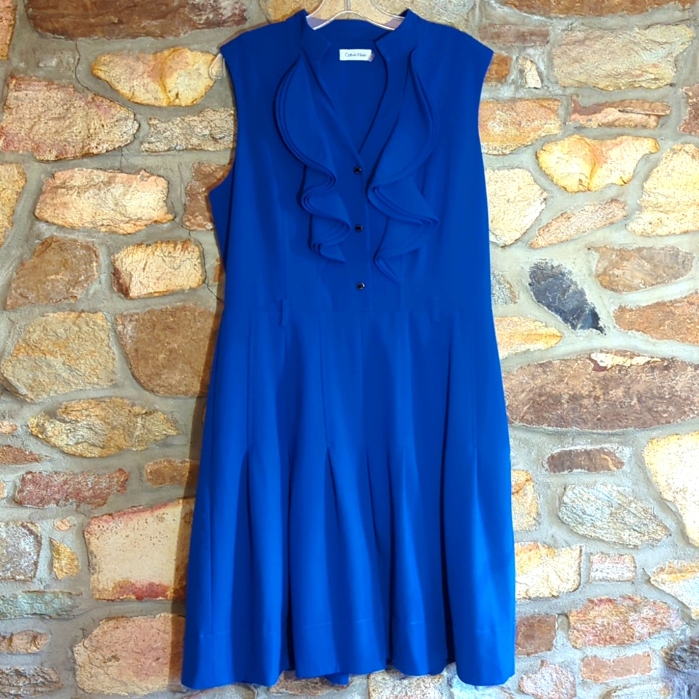Calvin Klein blue sleeveless ruffle dress